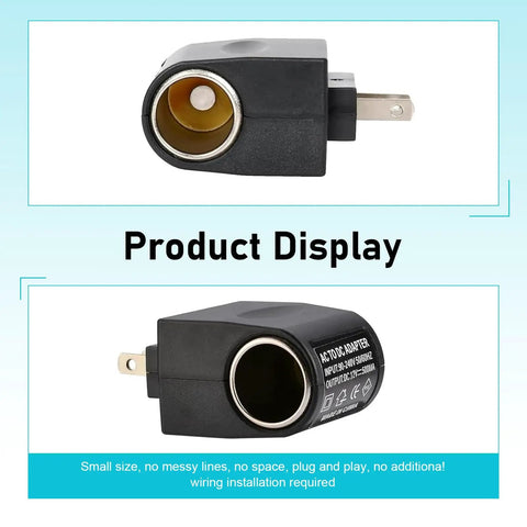 Universal AC To DC Power Converter That Brings House Current To Your Automotive Gear Straightforward Plug And Play Setup Works Like A Champ For Car Vacuums Air Pumps And Coolers In Bold Black, showing small black adapter.