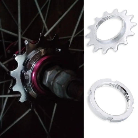 Freewheel Flywheel Single Speed Sprocket For Fixed Gear 14T Heavy Duty Galvanized Steel on bike hub and isolated view