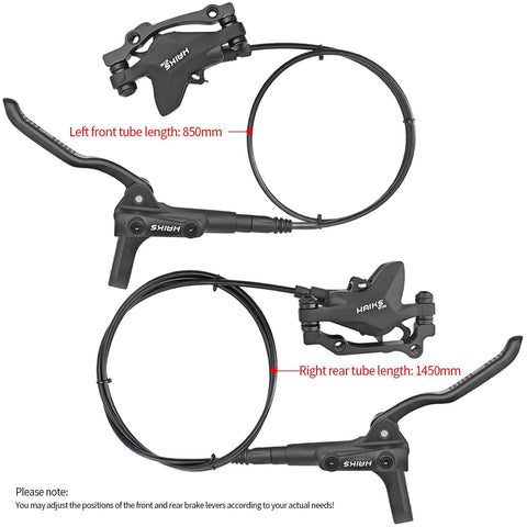 HAIKS MT200 hydraulic disc brake set for mountain bikes; front 850mm and rear 1450mm hoses, 2-piston calipers, aluminum.