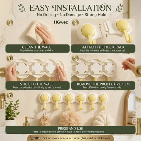 Step-by-step guide for Super Slick Punch Free Wall Hook Rack With 180 Degree Swivel Design and Six Sturdy Hooks installation.