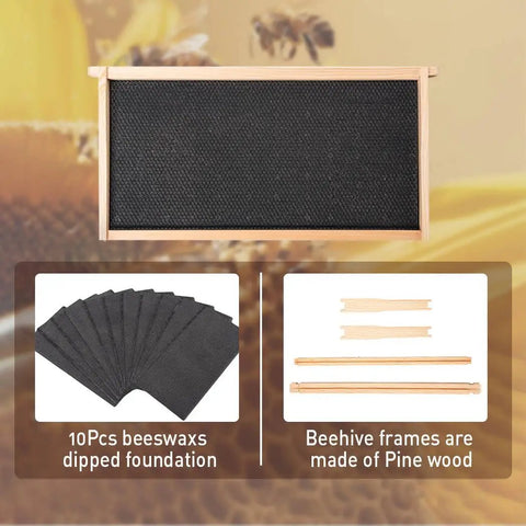 8 Frame Bee Hive Starter Kit With Deep Brood Box And Medium Super Includes Beehive Frames And Foundation Sheets Easy Assembly Cedar Wood Beekeeping Setup For Beginners Ready To Go showing beehive frame, beeswax foundation, and pine wood materials