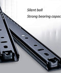 Close-up of Soft Close No Slam Drawer Slides Set, 2-section ball bearing metal drawer runners, 25 cm in black steel.