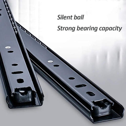 Close-up of Soft Close No Slam Drawer Slides Set, 2-section ball bearing metal drawer runners, 25 cm in black steel.