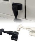 T-Shaped Car Door Holder Retainer Baggage Catch Latches in black and white for motorhomes, cars, and yachts installation without tools.