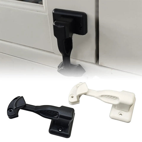 T-Shaped Car Door Holder Retainer Baggage Catch Latches in black and white for motorhomes, cars, and yachts installation without tools.