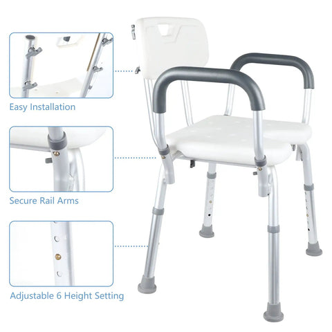Adjustable Shower Chair With Tool Free Assembly For Spa Bathtub Lift Bench Portable White Bath Seat With Arms Height Adjustable 15 To 20 Inches Heavy Duty Aluminum Frame Supports Up To 250 Lbs Includes Bath Mat