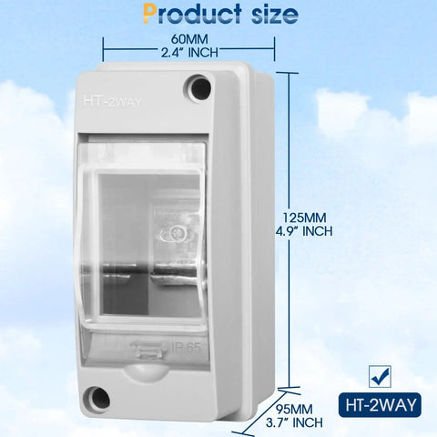Waterproof Distribution Protection Box For Breaker Electrical Panel With Transparent Cover Built Tough As Nails ABS Plastic Enclosure IP65 Weatherproof Outdoor Wall Mount For Indoor Outdoor Circuit Breaker, dimensions labeled.
