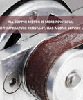 Close-up view of the heavy duty electric belt sander showing the copper motor and sanding belt.