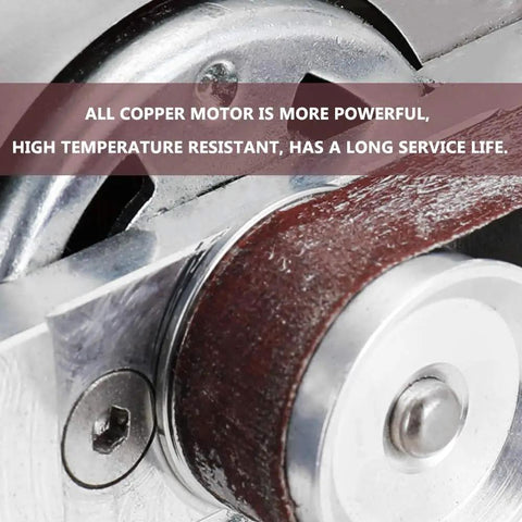 Close-up view of the heavy duty electric belt sander showing the copper motor and sanding belt.