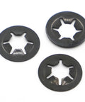 Close-up of 500 Pcs Black Star Lock Washers Set With Internal Teeth Grip For Vibration Resistance Plum Flower Shape