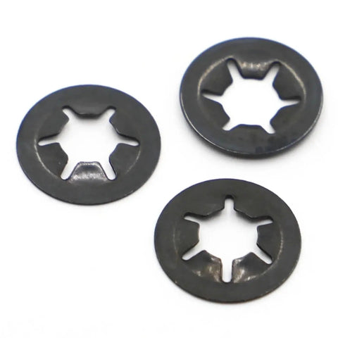Close-up of 500 Pcs Black Star Lock Washers Set With Internal Teeth Grip For Vibration Resistance Plum Flower Shape
