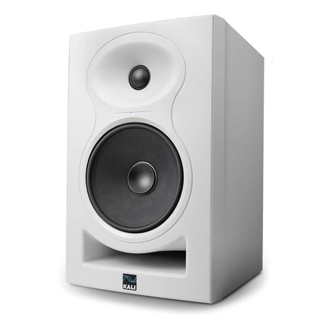 6.5 Inch Powered Studio Monitor White Finish With 1 Inch Soft Dome Tweeter 3D Imaging Waveguide Boundary EQ And Wall Or Ceiling Mount Capability For Accurate Home Studio Mixing. Front view of white speaker.