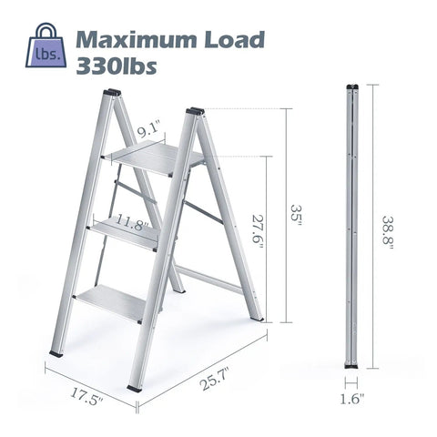 Aluminum 3 Step Folding Ladder Lightweight Portable Slim Step Stool 330 Lb Capacity Multi Function Safety Stepladder Rust Resistant And Grab And Go Easy To Store Silver, folded and open with measurements