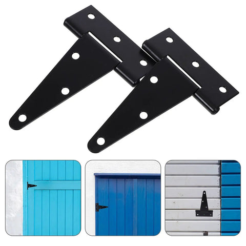Beefy Heavy Duty Extended Door Hinge With Ball Bearing, black T-shaped, mounted on blue and white wooden gates.