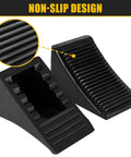 Heavy Duty Rubber Wheel Chocks Four Pack For RVs And Trailers, non-slip ribbed design, black rubber close-up view