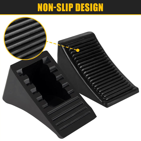 Heavy Duty Rubber Wheel Chocks Four Pack For RVs And Trailers, non-slip ribbed design, black rubber close-up view