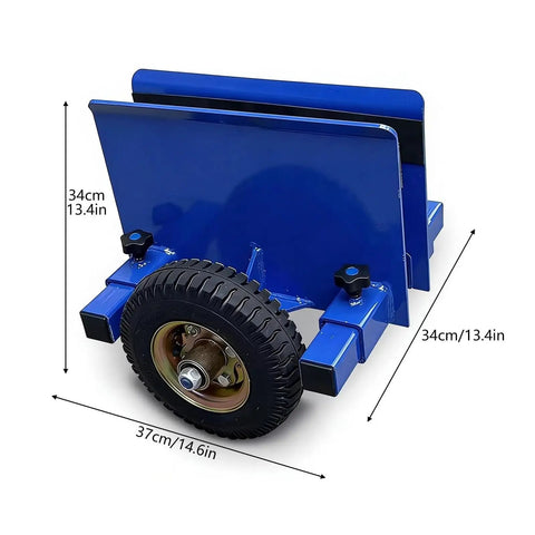 Heavy Duty Adjustable Panel Dolly With Lockdown Grip And Smooth Rolling Rubber Wheels For No Sweat Hauling Panels Or Doors On Busy Job Sites During Fast Track Renovation Work, showing wheel and dimensions.