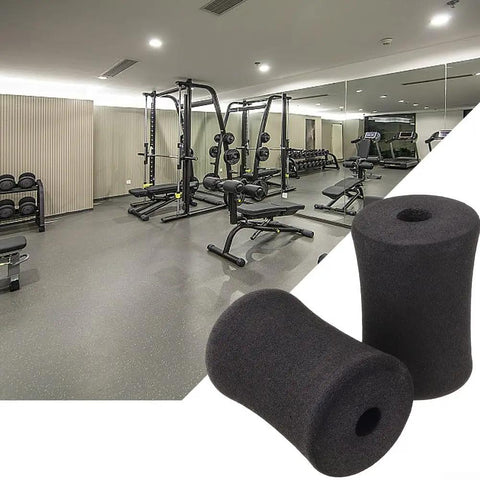 2 Pack Sponge Foam Foot Pad Roller Replacement For Leg Extension And Curl Machines, shown in a gym setting with equipment.