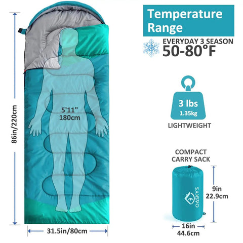 Three Season Camping Sleeping Bag For Adults And Kids Lightweight Weatherproof And Waterproof with temperature range illustration