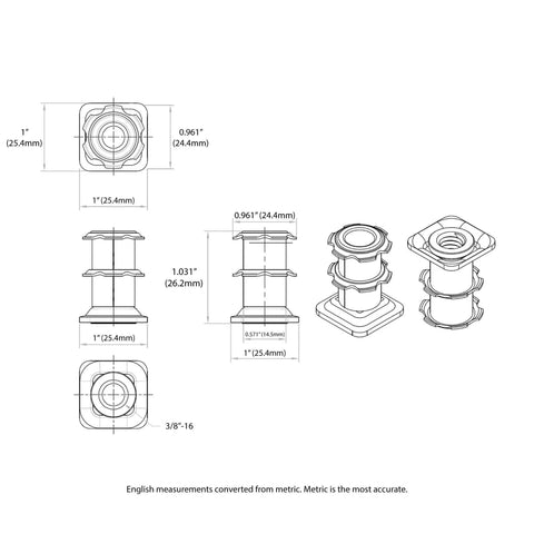 Technical drawing of Threaded Caster Insert For 1 Inch Square Tube 16-18 Gauge, Heat Treated Steel, 3/8-16 Thread, Deep Set Mounting.