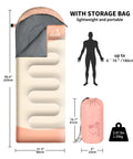 Three Season Waterproof Lightweight Sleeping Bag For Adults And Kids For Camping Hiking And Outdoor Travel shown with dimensions and bag