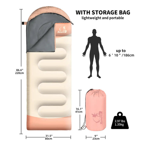 Three Season Waterproof Lightweight Sleeping Bag For Adults And Kids For Camping Hiking And Outdoor Travel shown with dimensions and bag