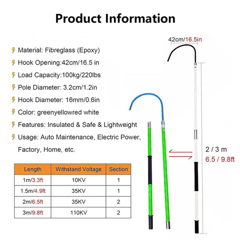 Pro Grade Lifesaver High Voltage Rescue Hook with telescoping fiberglass pole, load capacity 100kg, product information chart