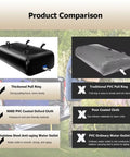 Product comparison showing foldable 300 gallon water storage bladder tank with faucet and portable carry rings.