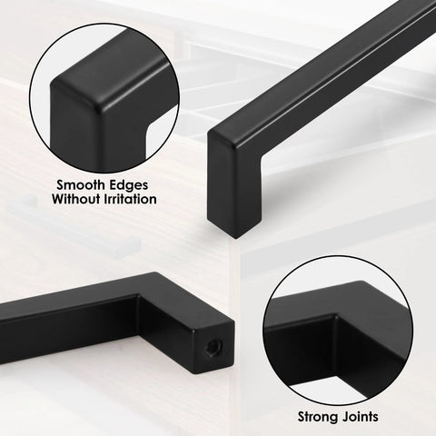 Alt Tag: Matte Black Cabinet Handles Set Of 10, 5 Inch Center To Center, featuring smooth edges and strong joints, solid aluminum square pulls.