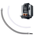 Heavy Duty Built Tough Coffee Machine Milk Tube Replacement, Stainless Steel Coiled Hose, and clear PC milk line with Jura espresso machine.