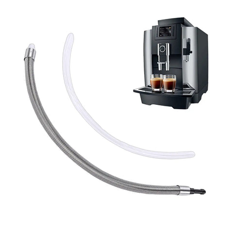 Heavy Duty Built Tough Coffee Machine Milk Tube Replacement, Stainless Steel Coiled Hose, and clear PC milk line with Jura espresso machine.