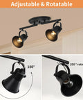 Two Light Black Track Lighting Kit With Adjustable Heads installed on ceiling, close-up of adjustable spotlight feature.