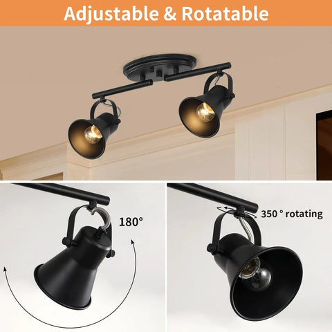 Two Light Black Track Lighting Kit With Adjustable Heads installed on ceiling, close-up of adjustable spotlight feature.