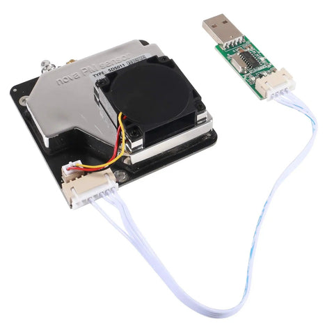 High Precision PM2.5 Air Quality Sensor Module with Digital Output for Arduino and Microcontrollers, featuring USB connection.