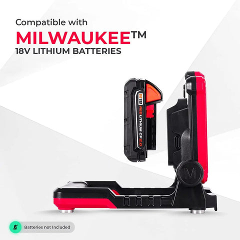 Flud 4000 LED Work Flood Light Built Tough For Milwaukee 18V Batteries With Ultra High Brightness Modes Medium And Low Brightness And USB Port Not Included, side view showing battery slot, red and black design.