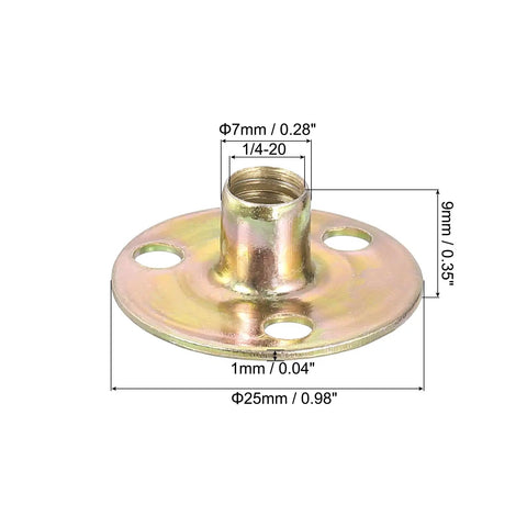 Heavy Duty Built Tough Carbon Steel Brad Hole Tee Nuts Quarter Inch Twenty Thread 16 Pack Round Base Screw In T Nuts With Screws showing dimensions.