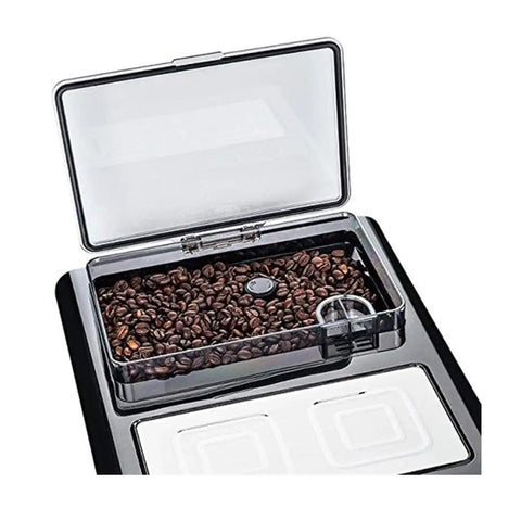 Kickstart Your Daily Java With This Slick Super Automatic Espresso Machine Featuring A Bpa Free Design Built In Grinder Responsive Touch Screen And Breeze To Clean Operation For Flawless Barista Level Shots In Matte Black: Transparent lid showing coffee beans inside the grinder compartment.