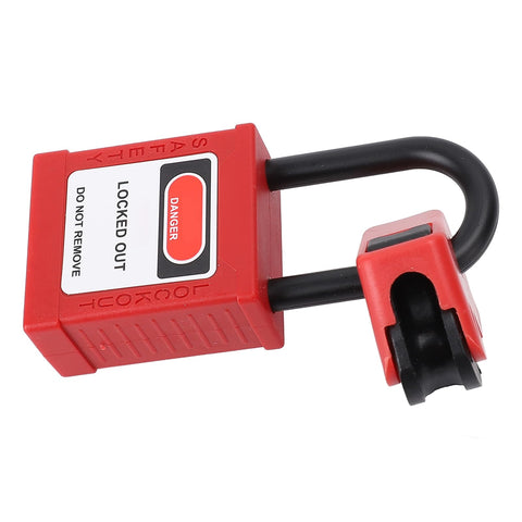 Two Pack Circuit Breaker Lockout Device With Insulated Padlocks for Small and Medium Breakers shown in red with label