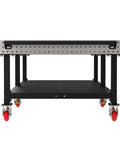 Heavy Duty Welding Fixture Table With 120X60 Inch Precision Laser Cut Grid And Raised Storage Shelf Rock Solid Shop Workhorse view from front showcasing sturdy base and caster wheels.
