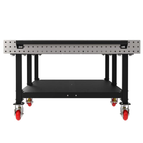 Heavy Duty Welding Fixture Table With 120X60 Inch Precision Laser Cut Grid And Raised Storage Shelf Rock Solid Shop Workhorse view from front showcasing sturdy base and caster wheels.