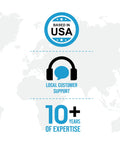 Graphic showing 'Based in USA,' local customer support, and '10+ years of expertise' text over a world map.