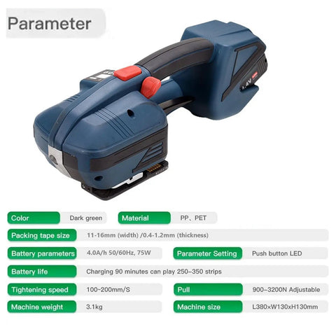 Heavy Duty Electric Strapping Machine Featuring Hot Melt Friction Lock And Rock Solid Adjustable Tension For Thick Tire Bundles And No Sweat Industrial Packing Workflows close-up showing dark green material and size details.