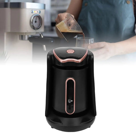 Turkish Coffee Maker Portable Auto Brewer For Home Office Travel And Camping, shown with compact electric pot brewing coffee.