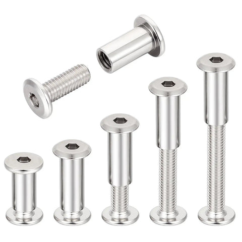 Various sizes of M6x15mm bolts and nuts from 50 Piece M6 Furniture Bolt And Nut Kit With Silver Hex Drive Nuts for DIY projects.