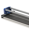 Close-up of Built Like A Tank 24 Inch Manual Tile Cutter showing dual steel rails and cutting surface for tiles.