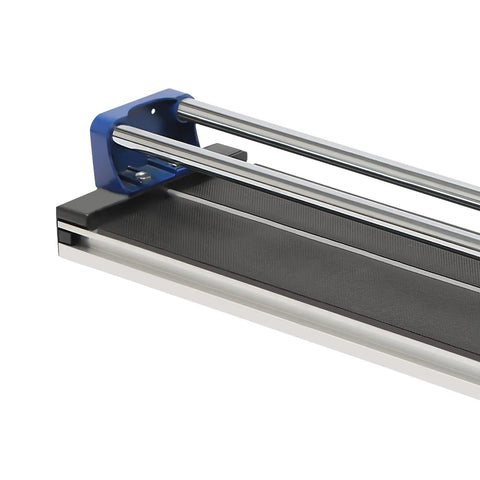 Close-up of Built Like A Tank 24 Inch Manual Tile Cutter showing dual steel rails and cutting surface for tiles.
