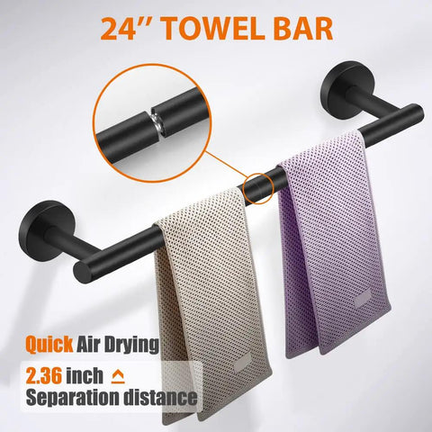 Matte Black Stainless Steel Bathroom Hardware Set With 24 Inch Hand Towel Bar displaying two towels wall mounted
