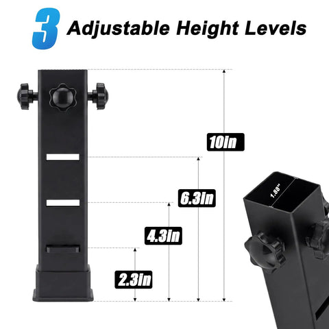 Heavy Duty Square Table Leg Extenders With Three Step Adjustable Heights And Secure Locking Bolts For Folding Dining Tables shown at 10in height.