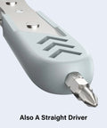 Close-up of 17in1 Right Angle Ratcheting Screwdriver Set with bearing steel straight driver bit and magnetic offset tip.