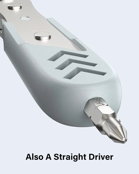 Close-up of 17in1 Right Angle Ratcheting Screwdriver Set with bearing steel straight driver bit and magnetic offset tip.